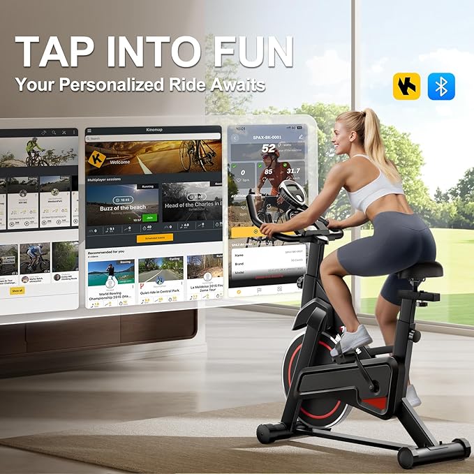 Exercise Bike, Brake Pad Stationary Bikes for Home with App Compatible, Low Noise Indoor Cycling Bike, 300lbs Capacity Compact Workout Bike with Tablet Mount & Extra Comfort Seat