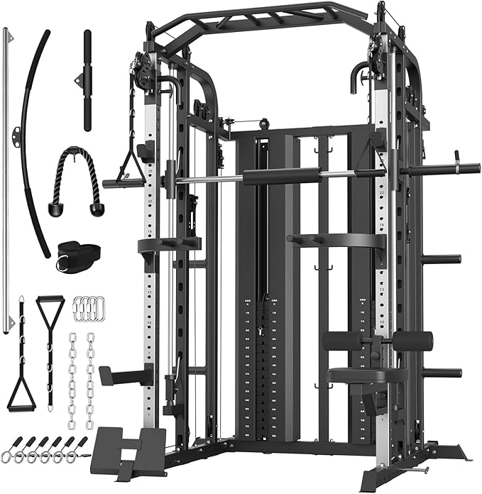 DONOW Smith Machine with Weight Stacks Power Cage Squat Rack Dual Cable Crossover Machine Home Gym Systems Station LAT Pull Down