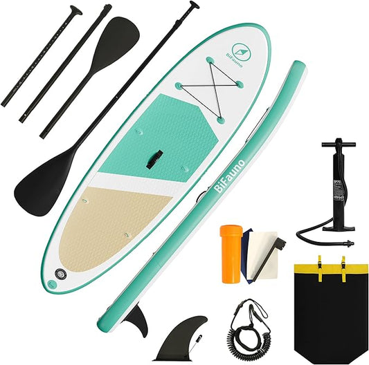 Inflatable Stand Up Paddle Board with SUP Accessories & Backpack. Paddle Boards for Adults. Non-Slip Deck, Wide Stance, Bottom Fin, Double Action Pump.