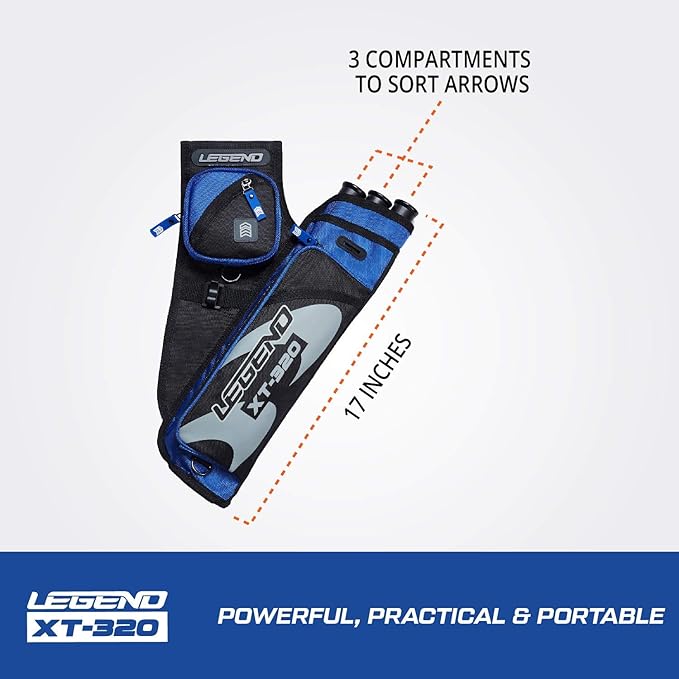 LEGEND XT320 Archery Quivers - Nylon Hip Quivers with 3 Arrow Tube Cases for Target Shooting - Adjustable Waist Belt, T-Slot, Storage Compartments for Accessories, Gear, Tools, Release Tab, Score Card