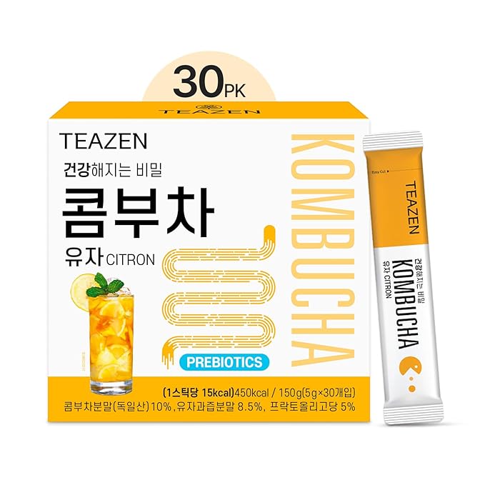 TEAZEN Citron Kombucha Tea, Hydration Drink Mix, Sugar Free, Live Probiotics & Prebiotics, 30 Sticks, 5.29oz