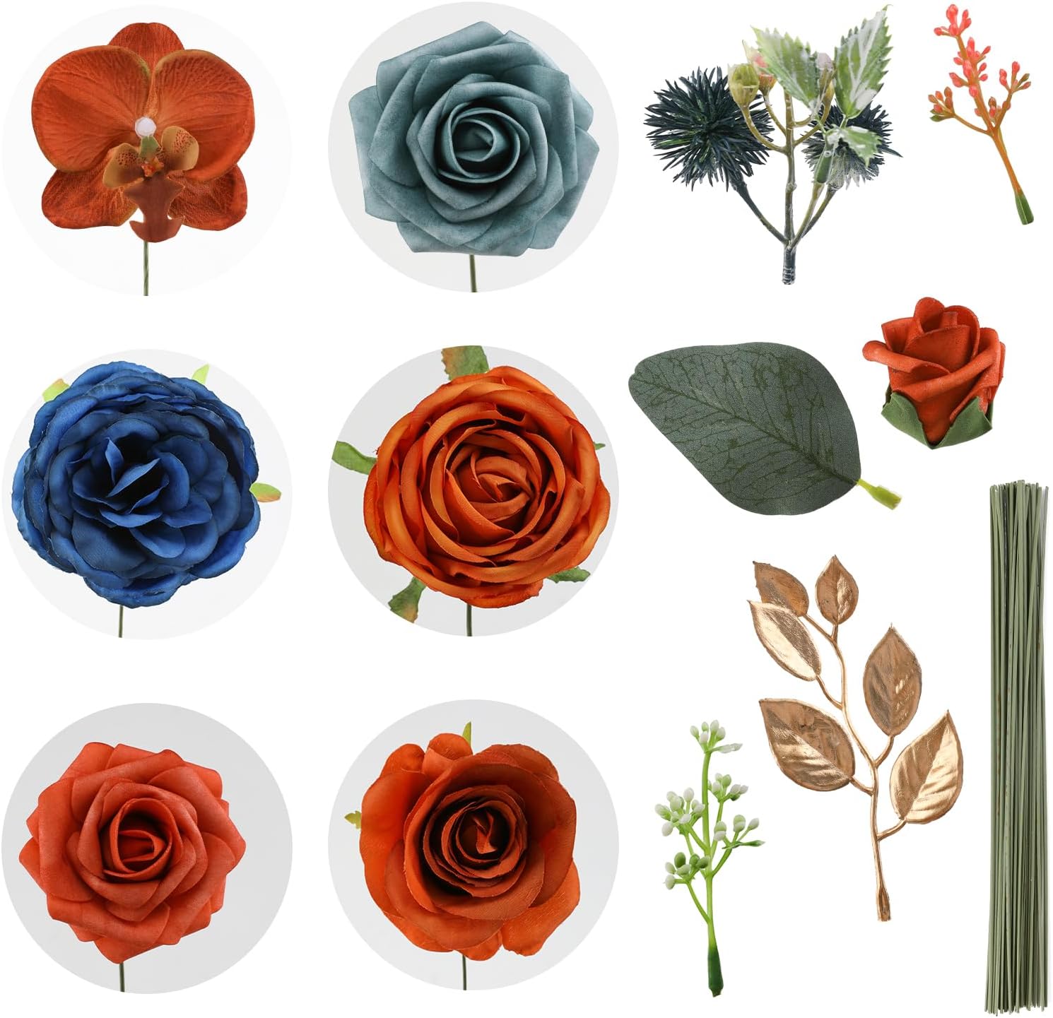 Artificial Flowers Combo for DIY Wedding Bouquets Combo Centerpieces Arrangements Party Bridal Baby Shower Home Decorations-Teal&Terracotta