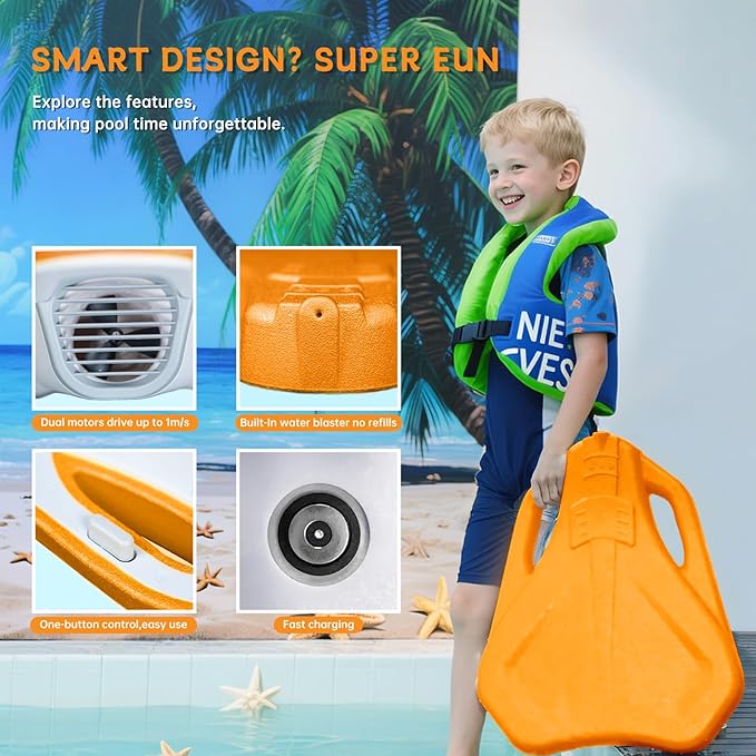 Electric Swimming Kickboard for Kids,Motorized Swim Board with Water Gun, Motorized Swim Training for Children Adults, 60N Thrust, 198 lbs Buoyancy, 25V Rechargeable Battery