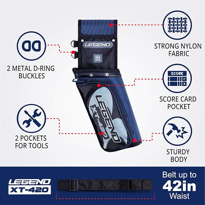 Legend XT420 Field Quiver - Left or Right-Handed Quiver Arrow Holder, Archery Quiver with 3 Arrow Tube, Durable Nylon Hip Quivers with Multiple Pockets for Archery Accessories, Score Card & Tools