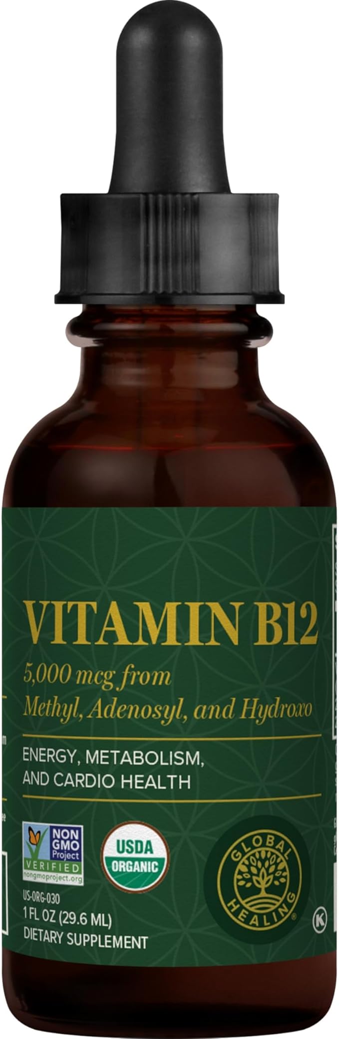 Global Healing Center - Vitamin B12 Sublingual 5000 MCG Organic Liquid Supplement, Methylcobalamin, Adenosylcobalamin, Hydroxo Long-Lasting Energy and Healthy Metabolism - Vegan B12 Vitamins (1 Oz)