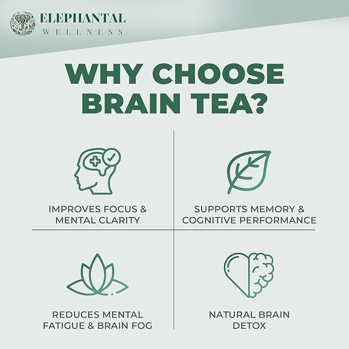 Elephantal Wellness Premium Brain Herbal Tea | Nootropic Focus & Mental Clarity Support with Ginkgo, Bacopa, Ashwagandha & Gotu Kola | Handmade, Caffeine-Free, Non-GMO Loose Leaf Blend, 4oz Loose Leaf, 40 Servings