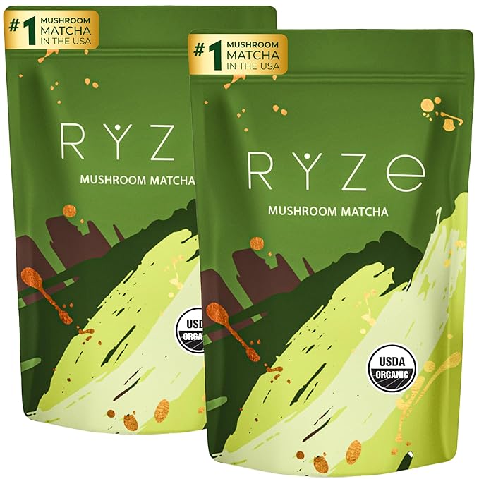 RYZE SUPERFOODS Mushroom Matcha Starter Kit, USDA Organic with 6 Adaptogenic Mushrooms and Ceremonial-Grade Matcha, Energy, Focus, Digestion, Immunity with Turkey Tail, Shiitake, Reishi, 60 servings