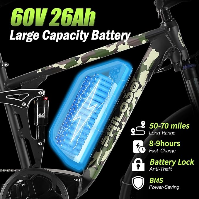 Electric Bike for Adults, 5000W Peak Dual Motor Ebike, 60V 26AH Long Range Dirtbike, 26" Fat Tires for All Terrain Electric-Bicycle, 45MPH-Hunting-Ebike for Off-Road Snow Sand
