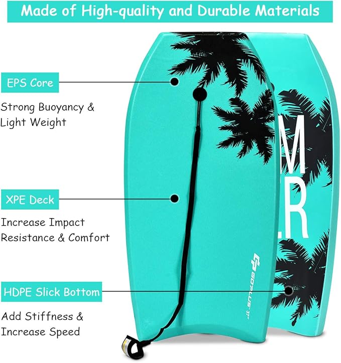 Goplus 41''/37''/33'' Lightweight Body Board for Beach, Surf Board with EPS Core, XPE Deck, HDPE Slick Bottom, Wrist Leash, Bodyboard for Kids Adults Surfing