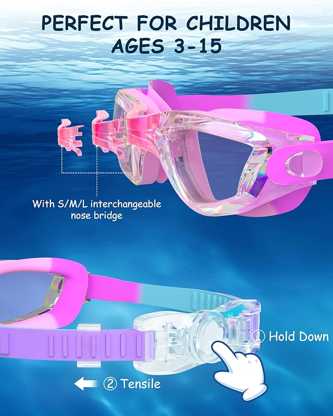Kids Swim Goggles, Swimming Goggles for Kids Toddlers 3-14 with Swim Cap, Nose Clip, Nose Bridge, Ear Plugs