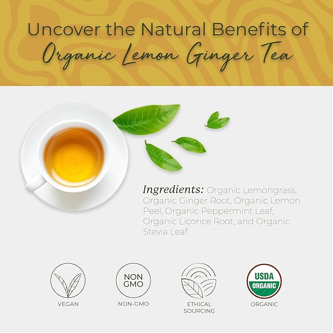 Starwest Botanicals Organic Lemon Ginger Tea - Caffeine Free Herbal Blend for Women & Men, Lemongrass, Ginger Root, & Peppermint Leaf, String Free Sachets, Non GMO - Bulk Pack, 100 Tea Bags