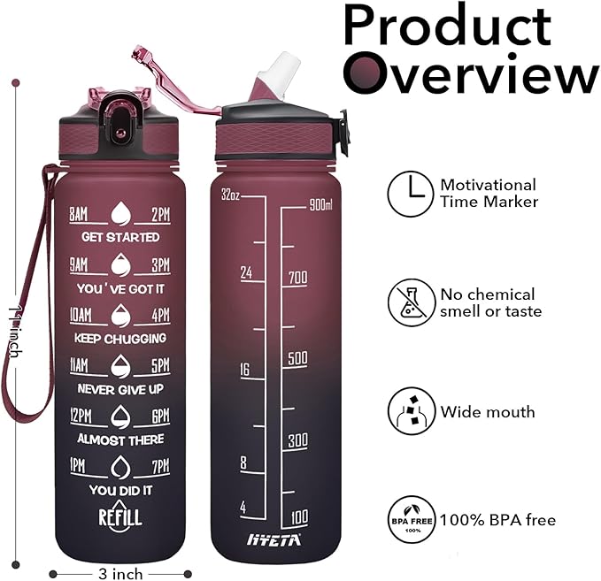 Hyeta 32 oz Water Bottles with Times to Drink and Straw, Motivational Water Bottle with Time Marker, Leakproof, Drinking Sports Water Bottle for Fitness, Gym and Outdoor
