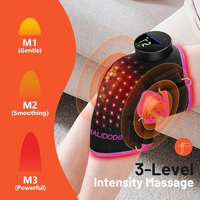 HALIDODO Red Light Therapy & Vibration Massage Knee Brace - Wireless Rechargeable Controller, 660nm&850nm Red Light Therapy Heated Device for Knee/Joint/Elbow/Shoulder Pain Relief, Rose Pink.