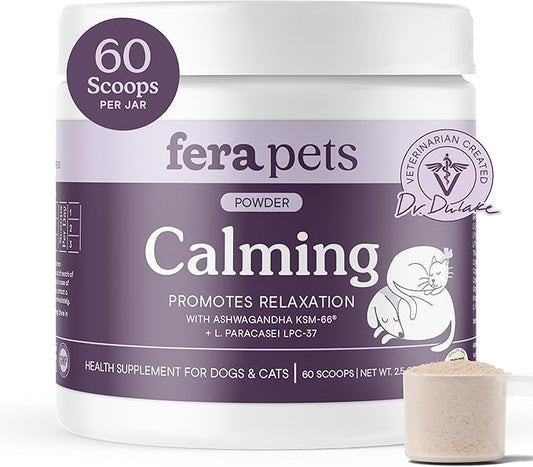 Fera Pet Organics Calming Supplement for Dogs & Cats - Vet Created - GABA & Ashwagandha Supplements Help Cat & Dog Stress or Hyperactivity -60 Scoops