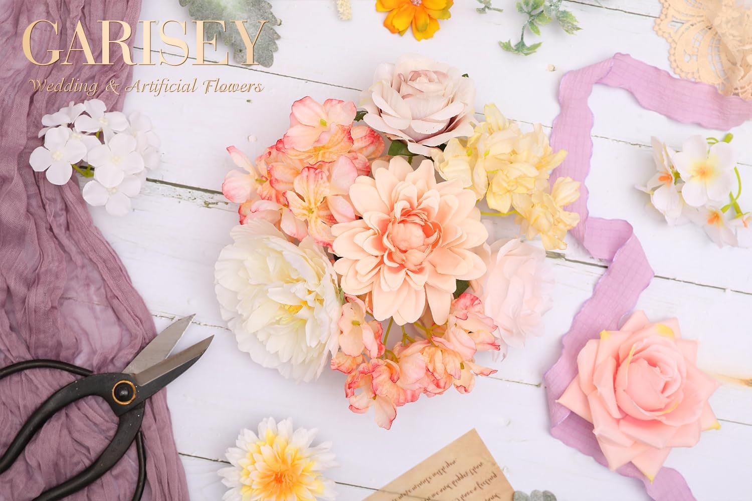 Artificial Flowers Combo, Mix Silk Flowers Roses, Peonies, Dahlias with Stems for DIY Wedding Bridal Bouquet, Baby Shower, Table Centerpieces, Home Decor, Floral Arrangements-Champagne Powder