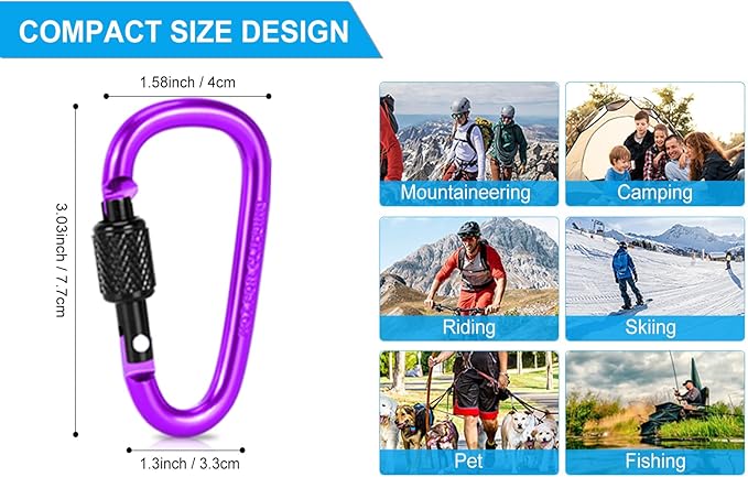 10 Pack Aluminum D Ring Key Rings Hiking Clips Locking Carabiner for Hiking Camping Fishing and Outdoor Use，Clips with Screw Gate Multicolored