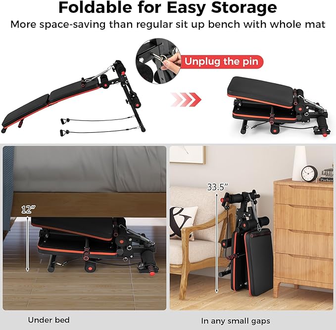 GYMAX Sit Up Bench, 330lbs Folding Decline Workout Bench with Spring Handle, Elastic Ropes & 4 Level Adjustable Height, Incline Weight Bench for Situp, Ab Crunch, Strength Training Exercise for Home Gym