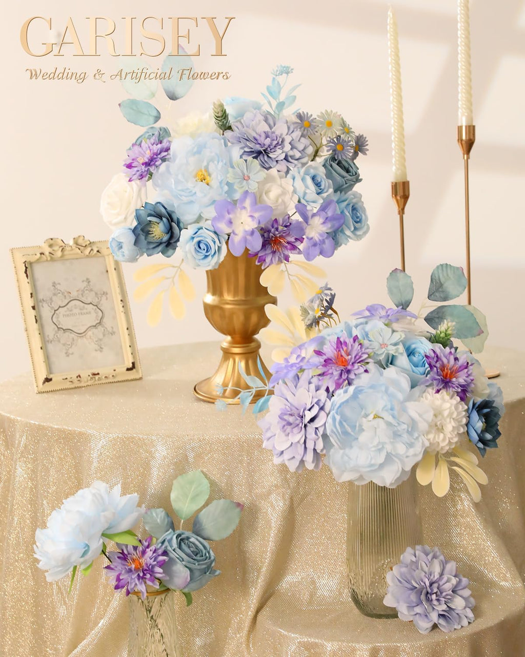 Artificial Flowers Combo, Mix Silk Flowers Roses, Peonies, Dahlias with Stems for DIY Wedding Bridal Bouquets, Baby Shower, Table Centerpieces, Home Decor, Fake Floral Arrangements-Blue&purple