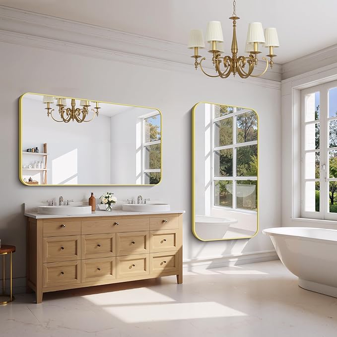 FORBATH 30x55 Inch Gold Bathroom Mirror for Over Sink, Large Rectangular Wall Mirror with Metal Frame, Rounded Corners for Bathroom, Bedroom, Entryway Decor (Horizontal or Vertical)