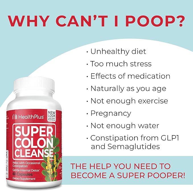 Health Plus Super Colon Cleanse 30 Day Supply of Gentle Gut Cleanse Detox, Psyllium Husk, Probiotics for Constipation Relief & Digestive Support, 120 Capsules