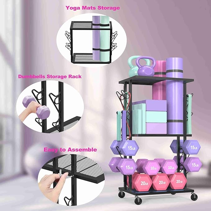 Dumbbell Rack Weight Rack for Home Gym Yoga Mat Storage Workout Equipment Organizer with Wheels