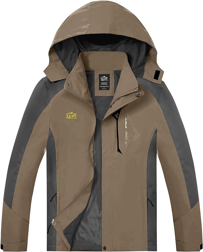 TEZO Mens Rain Jacket Waterproof with Hooded Hiking Coat Lightweight Windbreaker
