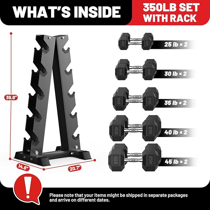 PAPABABE Hex Dumbbell Sets with Rack, 60-550lb Rubber Coated Dumbbell Weight Set and Storage Rack, Multiple Options Hand Weights for Strength Training