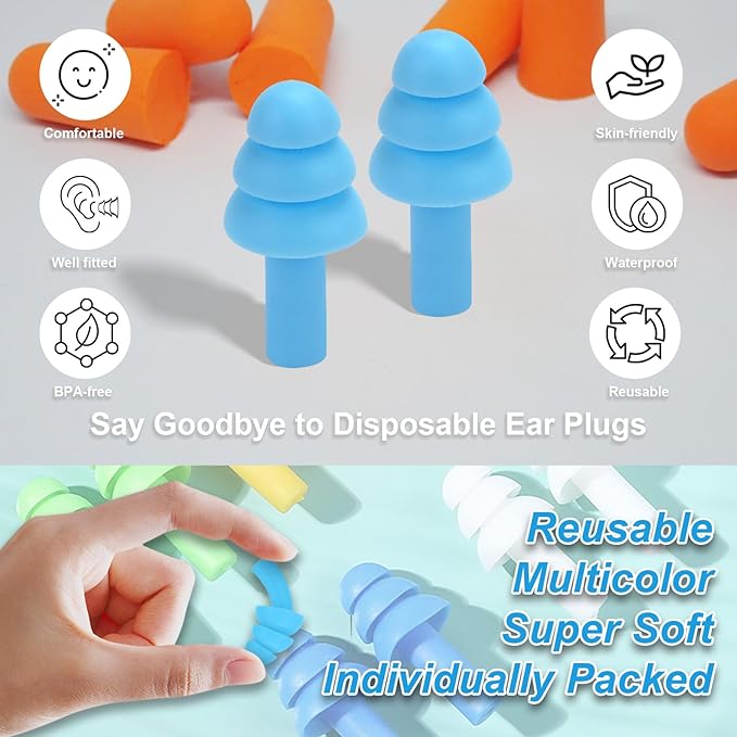Ear Plugs for Swimming,Sleeping Noise Cancelling,Snoring,Shoting,Working, Reusable Silicone Earplugs, Super Soft Ear Plug for Noise Reduction, Ears Protection (8 Colors)