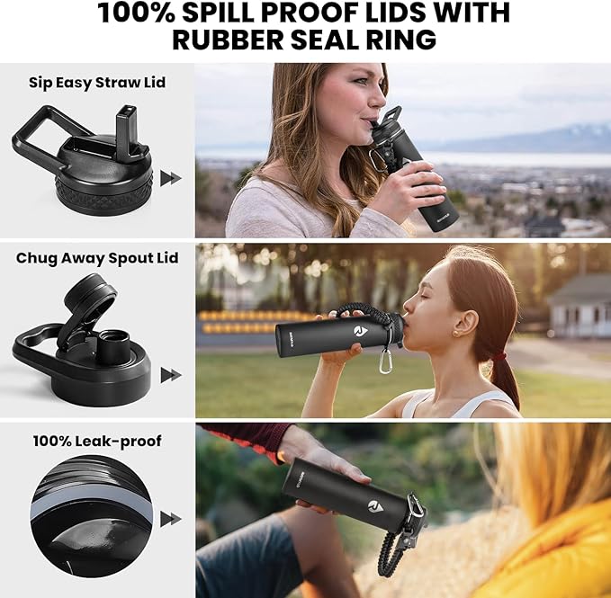 Insulated Water Bottle 24oz, Triple Wall Vacuum Stainless Steel (Cold for 48 Hrs, Hot for 24Hrs), Leak Proof & Non-BPA, 24oz Hydro Water Flask with Paracord Handle & Straw Spout Lids