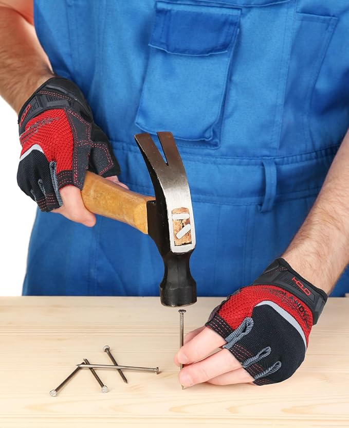 HANDLANDY Fingerless Work Gloves for Men and Women Utility Padded Half Finger Driving Working Gloves (XX-Large, Red)