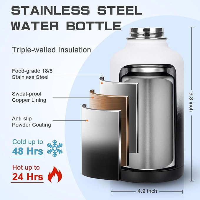 Insulated Water Bottle 64 oz, Half Gallon Water Jug Cold 48H, BPA Free Stainless Steel Bottles with Straw/Chug 2-in-1 Lid, Bag, Paracord Handle, Silicone Boot, Sports Gym School Metal Flask