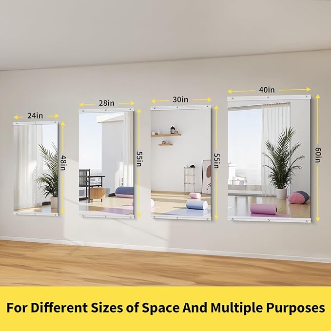 Home Gym Mirror - 55x28 Inch, 3PCS Frameless Tempered Glass Full Body Mirror for Wall Mount - Ideal for Yoga, Workout, Bedroom, Dance Studio (Silver)
