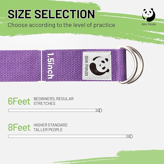 Slim Panda Yoga Strap for Stretching,Cotton Yoga Strap with Adjustable D-Ring Buckle,Non-Elastic Yoga Belt for Pilates,Gym Workouts,Physical Therapy,Improve Flexibility