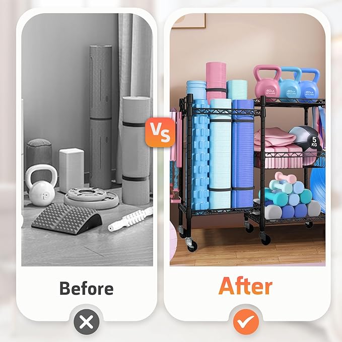 Dumbbell Rack, 3 Tier Adjustable Workout Equipment Storage with Locking Wheels & 4 Hooks, Home Gym Storage for Yoga Mat, Foam Roller, Dumbbell, Kettlebell, Fitness Ball and Resistance Band