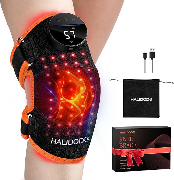 HALIDODO Red Light Therapy Knee Brace, Knee Massager with 4 Vibration Areas, Wireless Rechargeable Controller, 660nm & 850nm Red Light Therapy Heated Device for Knee/Joint/Elbow/Shoulder Pain Relief