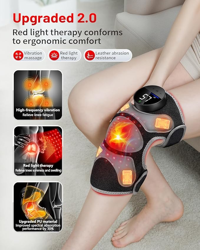 Upgraded PRO Red Light Therapy Knee Brace & 4 Vibration Massage - Wireless Rechargeable Controller, 660nm&850nm Red Light Therapy Heated Device for Knee/Elbow/Shoulder Pain