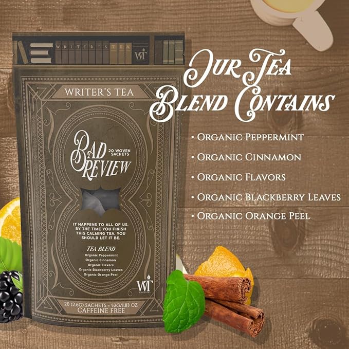 Writer's Tea Bad Review - Calming Tea - Peppermint, Cinnamon, Flavors, Blackberry Leaves, and Orange Peel Tea Blend - Caffeine Free - 20 Woven Sachets