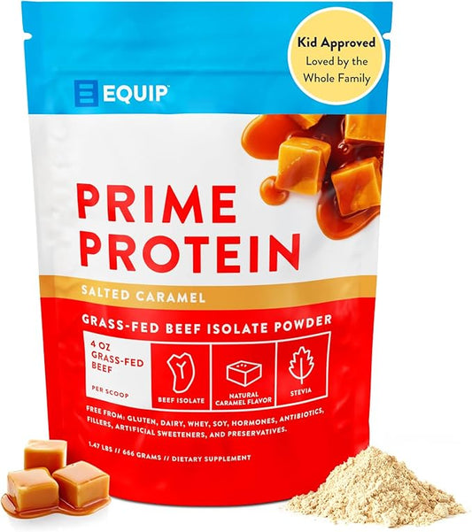 Equip Foods Prime Protein Powder | Clean, Grass Fed Beef Protein Isolate | Carnivore Protein Powder | Paleo, Keto Friendly | Gluten, Dairy Free | 30 Servings, Salted Caramel