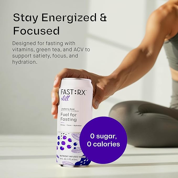 FASTRX Blueberry Acai Still Fasting Electrolyte Drink – Hunger Suppressant, Includes Essential Electrolytes and Vitamins, De-Sugared Blueberry Juice – Zero Sugar, 16 Fl Oz, Pack of 12