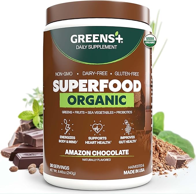 Greens+ Plus Organic Superfood Amazon Chocolate, Boost Energy, Essential Blend of Raw Foods, Non GMO, Gluten Free, USDA Organic and Vegan Powder, 8.46 oz