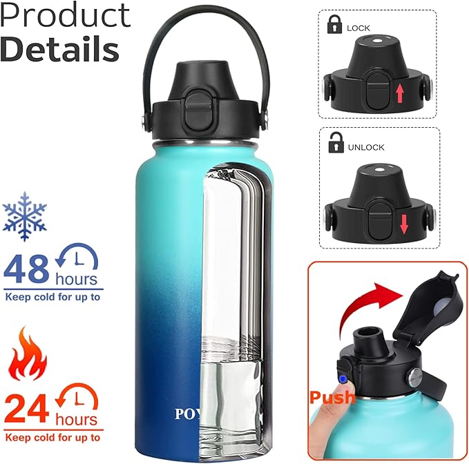 Water Bottle Insulated 32oz 40oz 64oz 128oz Straw Lid Spout Lid & 3 Lids, Leak Proof, Vacuum Insulated,Stainless Steel Water Bottle Wide Mouth for Sports, Gym or Office