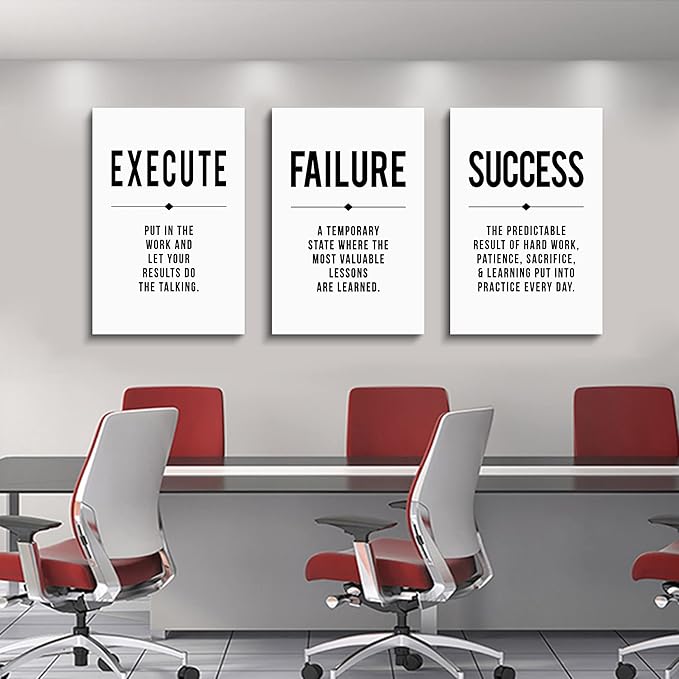 Framed Canvas Wall Art Success Quote, Office Wall Art, Black Large Poster, Positive Motivational Set of 3 Prints, Execute Failure Definition, Inspirational Print (D-3pcs,20x30inchx3pcs)