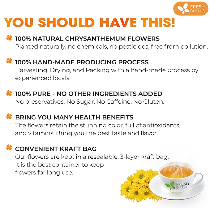 FreshDrinkUS, Premium 5oz Chrysanthemum Flowers, 100% Natural & Pure Chrysanthemum Flower Dried, Chrysanthemum Herbal Tea, No Additives, No Caffeine, Vegan