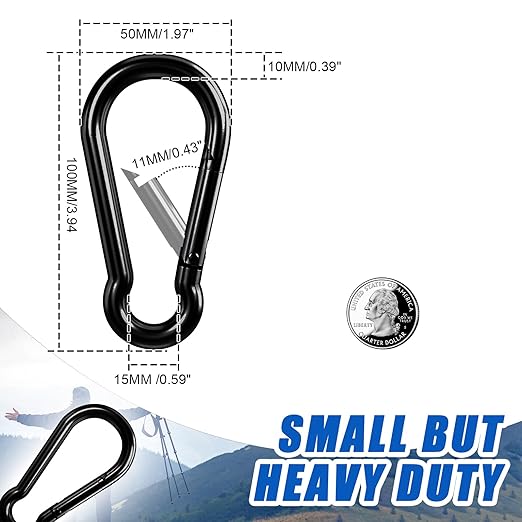 KINLINK 2 Pack Black Carabiner Clip, 4 inch Heavy Duty Spring Snap Hook, Caribeener Clips for Outdoor Camping, Swing Set, Hammock, Hiking Travel, Fishing, Weight Lifting Machine