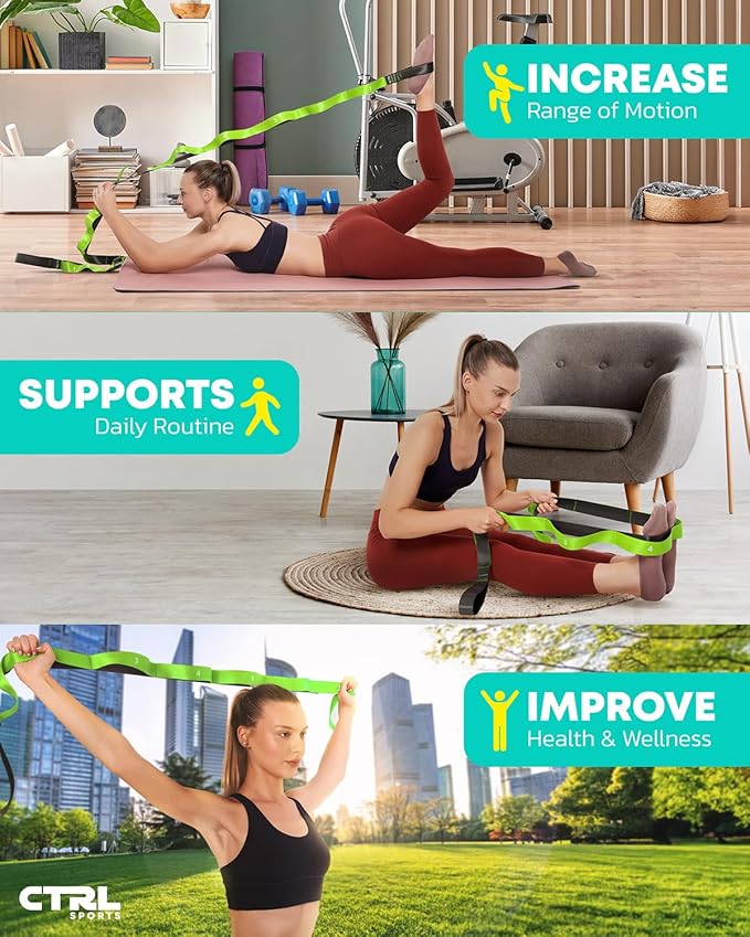 Stretching Strap with Loops - Non Elastic Stretch Band for Physical Therapy, Yoga Strap for Stretching Equipment, Stretch Bands for Exercise and Flexibility - Fascia, Hamstring & Leg Stretcher Belt