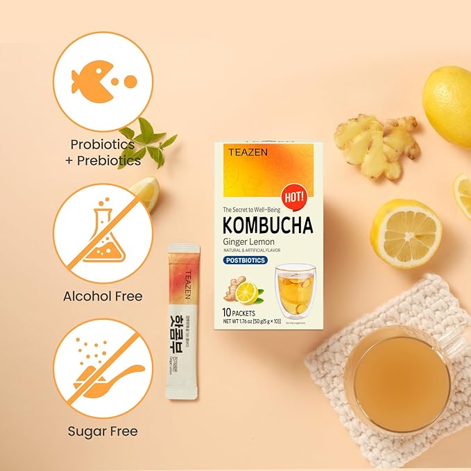 TEAZEN Lemon Ginger Hot Kombucha Tea, Spice Tea, Live Probiotics & Postbiotics, Relaxation and Warmth for Colds and Sore Throat, Hydration Drink Mix, Sugar Free, 10 Sticks, 1.76oz