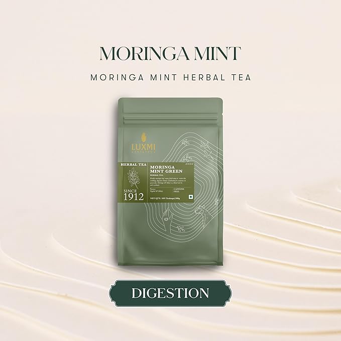 Luxmi Estates Moringa Mint Organic Moringa Mint Green Tea (50 Tea Bags) Caffeine Free Tea Bags For Digestion, Detox, and Stress Relief, With Certified Organic Herbal Tea