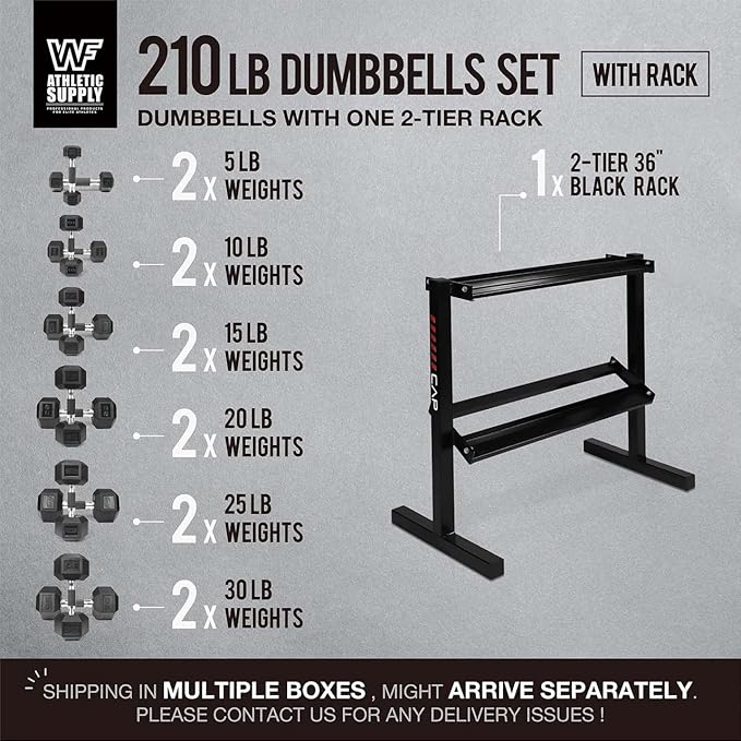 WF Athletic Supply Rubber Encased Hex Dumbbells with Rubber Grip Contoured Handle for Muscle Toning, Strength Building & Full Body Workout