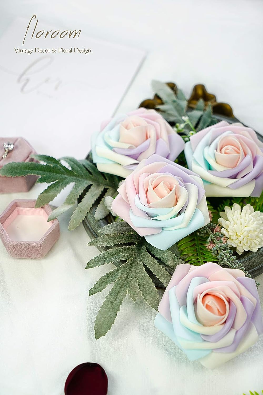 Floroom Artificial Flowers 25pcs Real Looking Whimsical Blush Foam Fake Roses with Stems for DIY Wedding Bouquets Baby Shower Centerpieces Floral Arrangements Party Tables Home Decorations