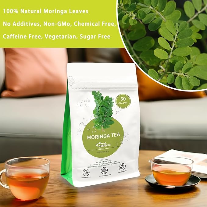 Samcci - Moringa Tea - 50 Tea Bags - Pure Moringa Leaves, Herbal Tea for Supporting Digestion & Immune System - Non-GMO - Vegan - Caffeine-Free - Natural Herbal